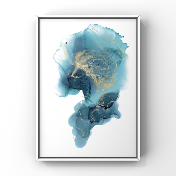 Aqua Blue and Gold Abstract Art Print in Watercolor and Alcohol Ink Style - Picture 3 of 4